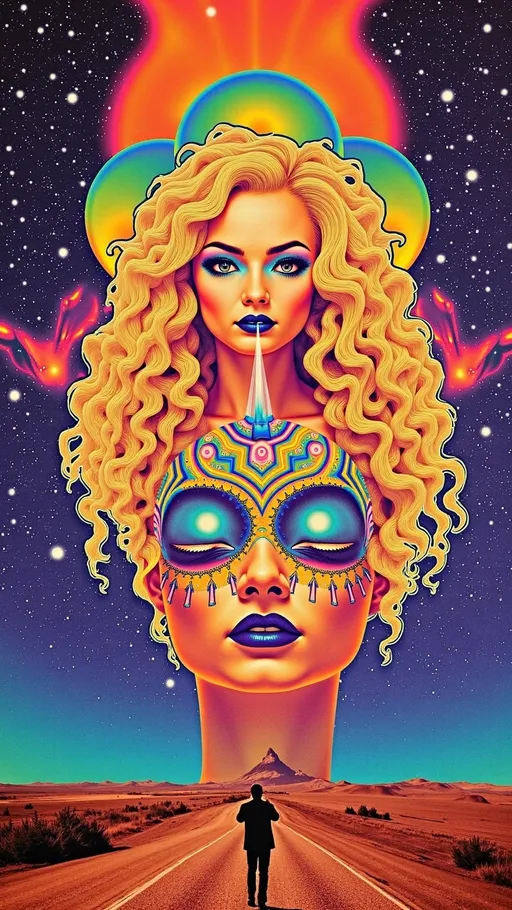 Prompt: **Prompt:**  
A divine DMT entity in the form of a beautiful Caucasian woman, her wild, curly blond hair transformed into glowing, multidimensional tendrils of liquid light, flowing endlessly into the fractal infinity of hyperspace. Her body shimmers like a crystalline hologram, constantly shifting between forms—part human, part machine, part alien architecture. Her skin is adorned with intricate, bioluminescent patterns of sacred geometry, pulsating with the colors of the ultraviolet spectrum: neon pinks, radiant purples, and electric blues. Her eyes are vast, otherworldly portals, reflecting the infinite realms of the DMT hyperspace—swirling vortexes of kaleidoscopic energy and impossible landscapes. The background is alive with hyper-organic structures: cathedral-like domes made of living light, pulsating with a rhythm that feels both ancient and futuristic. Alien glyphs and symbols float in the air, as if communicating with her and the viewer telepathically. The entire scene radiates an overwhelming sense of awe, mystery, and transcendence, as though she is the guardian of the ultimate cosmic truth.
