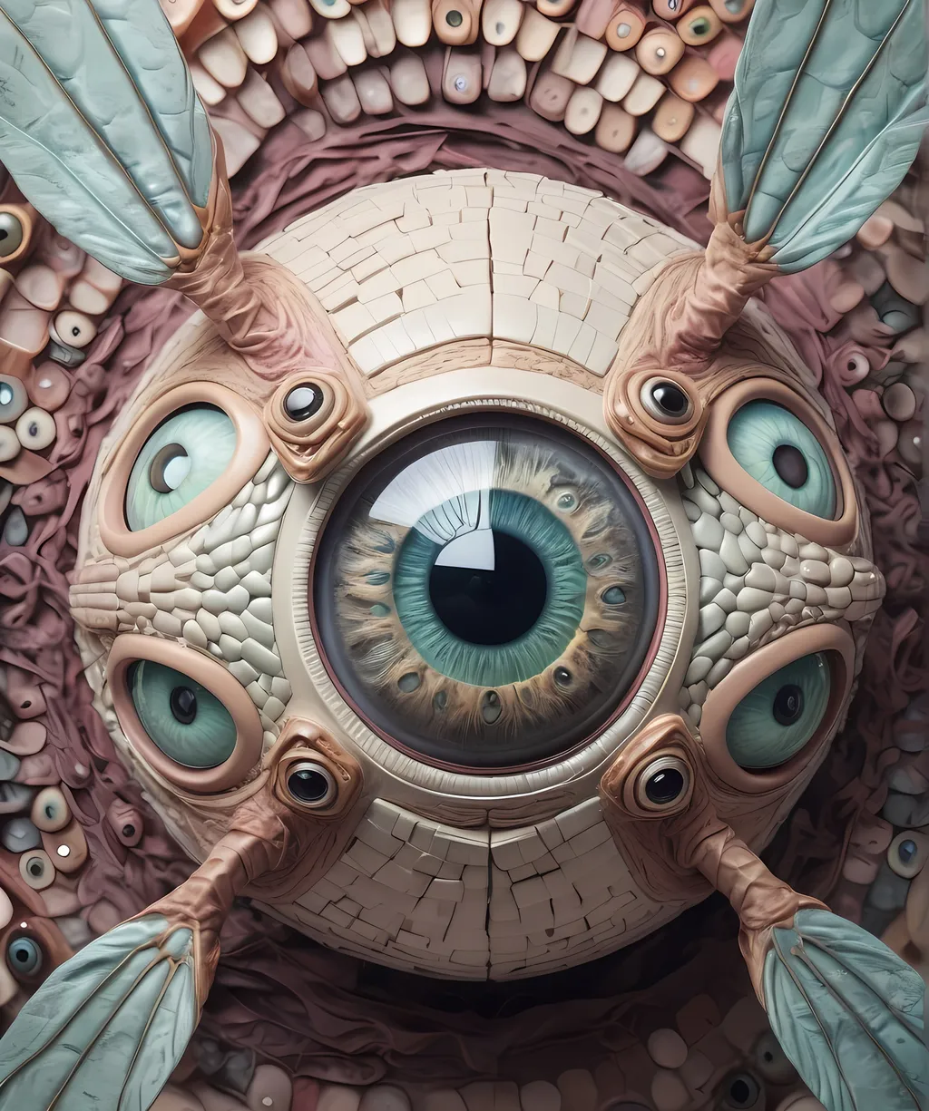 Prompt: A surreal extremely hyper realistic super textural psychedelic geometric eyeball creature with leather or insect wings, pastel light colors,  lots of crazy trippy psychedelic human eyes, human teeth, organic and mechanical, multidimensional, weird surreal unsettling odd