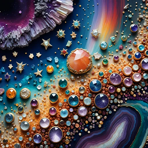 Prompt: <mymodel>Our solar system and outer space created out of gemstones and gemstone textures, high-res, ultra-detailed, 3D rendering, cosmic, vibrant colors, sparkling textures, luxurious, celestial bodies in precious stones, majestic planetary alignment, opulent asteroid belt, radiant gemstone stars, intricate details, luxurious art style, gemstone textures, space scene, cosmic lighting