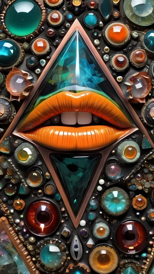 Prompt: an extremely hyper realistic ultra super textural weird trippy surreal psychedelic entity, Triangular Fractal Cascade, translucent, charcoal matte black, blown glass, iridescent finish, inlaid opal, glittering crystal accents, copper, patina, pyrite, quartz,, garnet, vandanite, bright vivid greens, teals, oranges,  lots and lots of light, lots of crazy colorful compound psychedelic human eyes, rows of human teeth, human lips, tongues, fungus,  atoms, diatoms, diatomic, algae, bryozoans, Triangular Fractal Cascade, extreme high definition organic and mineral textures