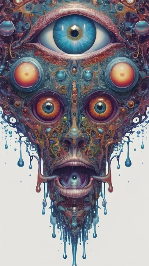 Prompt: Surreal psychedelic creature, beyond human comprehension, entity, trippy, crazy inhuman eyes, multidimensional, fractal, noneuclidien geometries geometric shapes tesseracts, melting, drips, hyper dimensional, drippy, aura, alien, extraterrestrial, extra dimensional,bizarre, ineffable, numinous, counsciousness, strange, unnerving but beautiful, biolocal, mechanical, blobs, atoms, particals, eyes