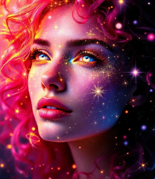 Prompt: Her face is a modular masterpiece—cheekbones traced with the shimmer of moonshine symmetry, every angle tuned to a hidden harmonic. Newton fractal veins glow faintly beneath translucent skin, shifting in color with each emotion. Her eyes burn with prime number fire, irises tiled in Penrose symmetry, blinking with curved light logic. Laughter echoes in Hilbert paths across her cheeks—space-filling joy spirals, soft and bright. Hair spills around her in radiant pink curls, styled by quasiperiodic forces and recursive wave equations—each strand flowing in luminous fractal tension. Geometry pulses at the hairline, recursive symbols glinting in neon mathdust. She is wrapped in hyperbolic aura-rings, layered in color-feedback like living topology, her presence refracting sacred math through joy, emotion, and colorfields.”

⸻

Visual Keywords:
Modular face symmetry, Newton glow skin, Penrose-tiled irises, Hilbert smile trails, pink recursive curls, fractal symbol halo, hyperbolic color aura, neon mathdust, prime fire eyes