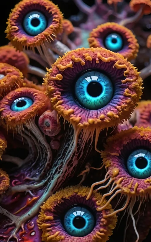 Prompt: Extreme psychedelic hyperrealism- Super high definition ultra textural fungal entity psychedelic hallucination surrealism, psychedelic alien crazy psychedelic slime mold sentient slime mold fungal creature, lots of bizarre psychedelic eyes, looking observing watching,  detailed, highres, intense colors, eerie lighting, bizarre features, unsettling atmosphere, otherworldly, distorted proportions, mind-bending, dreamlike, abstract,, organic textures