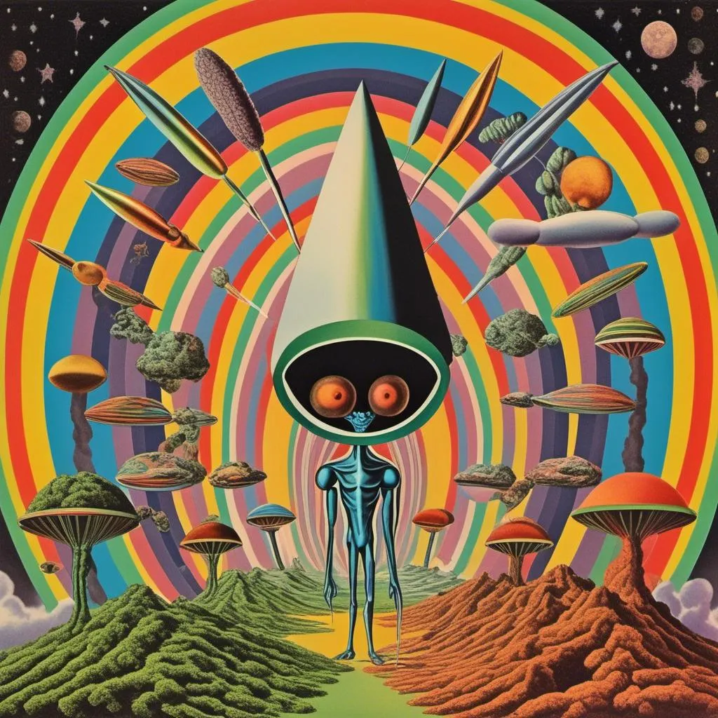 Prompt: A surreal vintage 70s psychedelic sci-fi collage involving- aliens, UFOs, cannabis, marijuana, aliens smoking reefer, aliens smoking weed out of a bong, spliced in with alien surreal landscapes, geometric shapes, optical illusions or trippy psychedelic patterns, planets and starts, rainbow spectrums<mymodel>