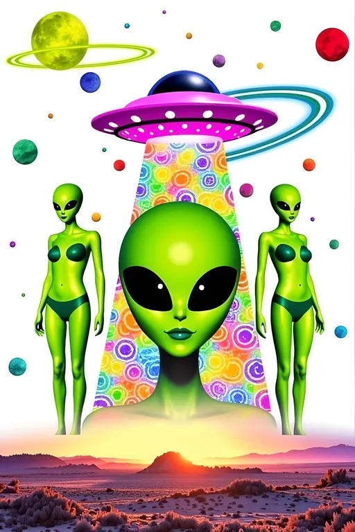 Prompt: **Space Hos - AI Art Prompt**

Create an artwork featuring the phrase "Space Hos" in a bold, sassy, girly futuristic tech font. The scene is populated by multiple striking green-skinned alien females, each exuding attitude and confidence. They are dressed in avant-garde high fashion with a futuristic edge, showcasing an array of intricate accessories that highlight their alien allure.

Each alien boasts a slightly conical-shaped bald head and large, almond-shaped black eyes, adding to their enigmatic charm. They pose with sass and poise, making a statement in the cosmic landscape.

Incorporate a vibrant UFO in the background, teeming with colorful lights that illuminate the scene. The setting is a bustling outer space landscape, complete with an alien planet, swirling asteroids, and cosmic phenomena. Alien glyphs are seamlessly integrated into the design, adding a mysterious layer.

The entire composition is busy and detailed, with every inch filled with tiny elements that captivate the viewer's attention. From the smallest star to the grandest asteroid, the scene is a masterpiece of cosmic chaos and extraterrestrial elegance.