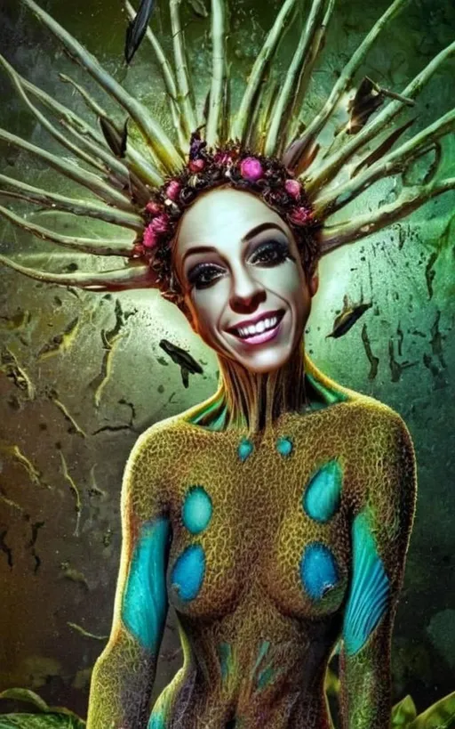 Prompt: Extreme psychedelic hyperrealism- Super high definition ultra textural floral entity psychedelic hallucination surrealism, psychedelic alien flower creature, detailed, highres, intense colors, eerie lighting, bizarre features, unsettling atmosphere, otherworldly, distorted proportions, mind-bending, dreamlike, abstract,, organic textures