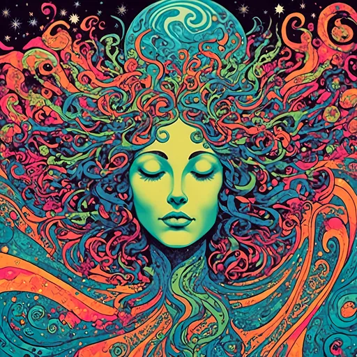 Prompt: <mymodel>Gaia, Mother Earth personified as a deity in outer space, psychedelic poster art illustration, cosmic colors, swirling galaxies, ethereal and glowing, intricate details, vibrant and surreal, high quality, psychedelic, outer space, cosmic, deity, Mother Earth, vibrant colors, swirling galaxies, ethereal, glowing, intricate details, surreal, poster art, illustration, cosmic colors, vibrant, detailed, highres