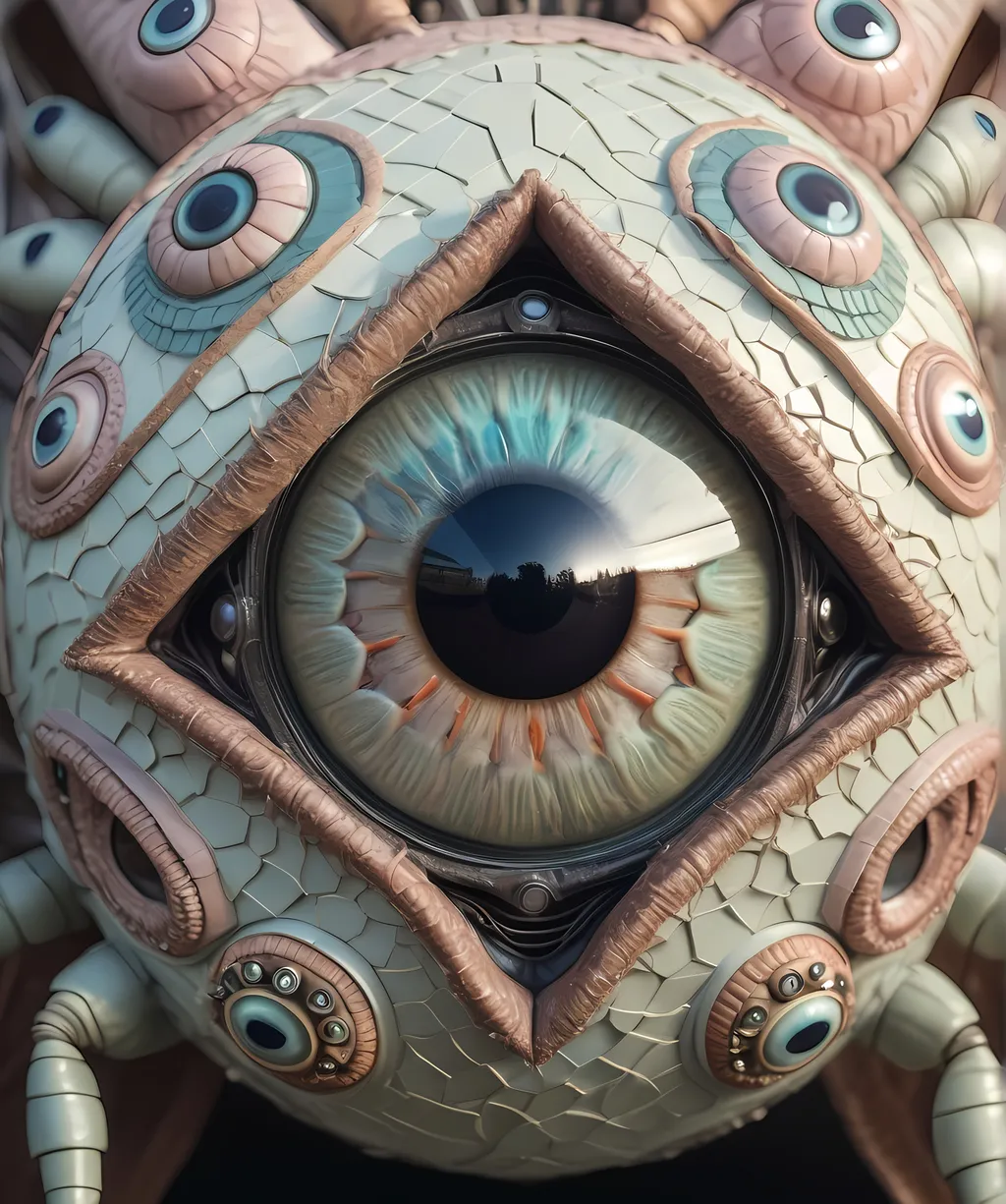 Prompt: A surreal extremely hyper realistic super textural psychedelic geometric eyeball creature with leather or insect wings, pastel light colors,  lots of crazy trippy psychedelic human eyes, human teeth, organic and mechanical, multidimensional, weird surreal unsettling odd