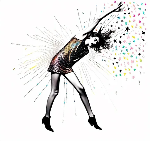 Prompt: <mymodel>Black and white halftone photograph of a girl, exploding with colorful multimedia stars, sparkles, and electric lightning bolts, created from paint, glitter, enamels, metal foils, iridescent paint, rhinestones, seed beads, dynamic and vibrant, high contrast, mixed media, dazzling explosion, detailed face and expression, high quality, highres, multimedia explosion, dynamic lighting, contrasted shadows, black and white, mixed media art