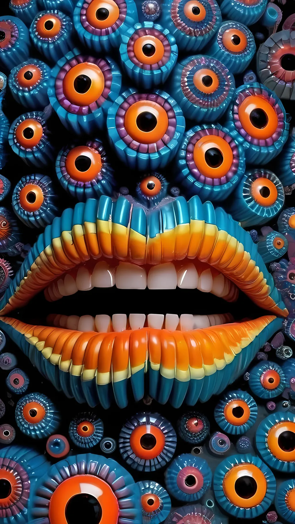 Prompt: Create an extremely hyper-realistic, ultra super textural, weird, trippy, surreal, psychedelic eyes/teeth/mouth pattern/design based on Mandelbrot & “Op Art tiling” with lots of human eyes (crazy colorful compound psychedelic), rows of human teeth, human lips, and tongues. 

- **Colors**: determined by the properties and expressions of the elements (& their isotopes), minerals, and metals: Tourmaline, Rhenium (Re)

**Shapes and forms**
- Mandelbrot 
- "Op Art tiling" 
-other shapes determined by the natural properties and expressions of the elements (& their isotopes), minerals, metals, and biological organisms: tourmaline,  Rhenium (Re),


- **Textures**: Derived from any/all elements (& their isotopes), minerals, metals, crystals, organic things mentioned in this prompt: tourmaline, Rhenium (Re)

**Composition and Layout**:
- a pattern/design based on the Op Art tiling & Mandelbrot 

**Lighting**:
- lots of bright light
- Phosphorescence

**Detail and Atmosphere**:
- Extreme hyperrealistic sharp high detail high definition organic and mineral textures
- Psychedelic, weird, odd, surreal atmosphere
- Frozen in time

**Additional Elements**:
- extra rows of teeth, lips, many eyes, Op Art tiling, Mandelbrot 
