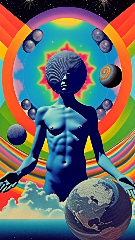 Prompt: A vintage 70s psychedelic collage with the theme “astral vacation”- incorporate themes of astral projection, the astral plane, the silver cord, use an astral brilliantly but sometimes muted opalescent color palette, & combine it all with planets, orbs, optical illusions and psychedelic trippy patterns, color spectrums as a surreal vintage psychedelic collage<mymodel>