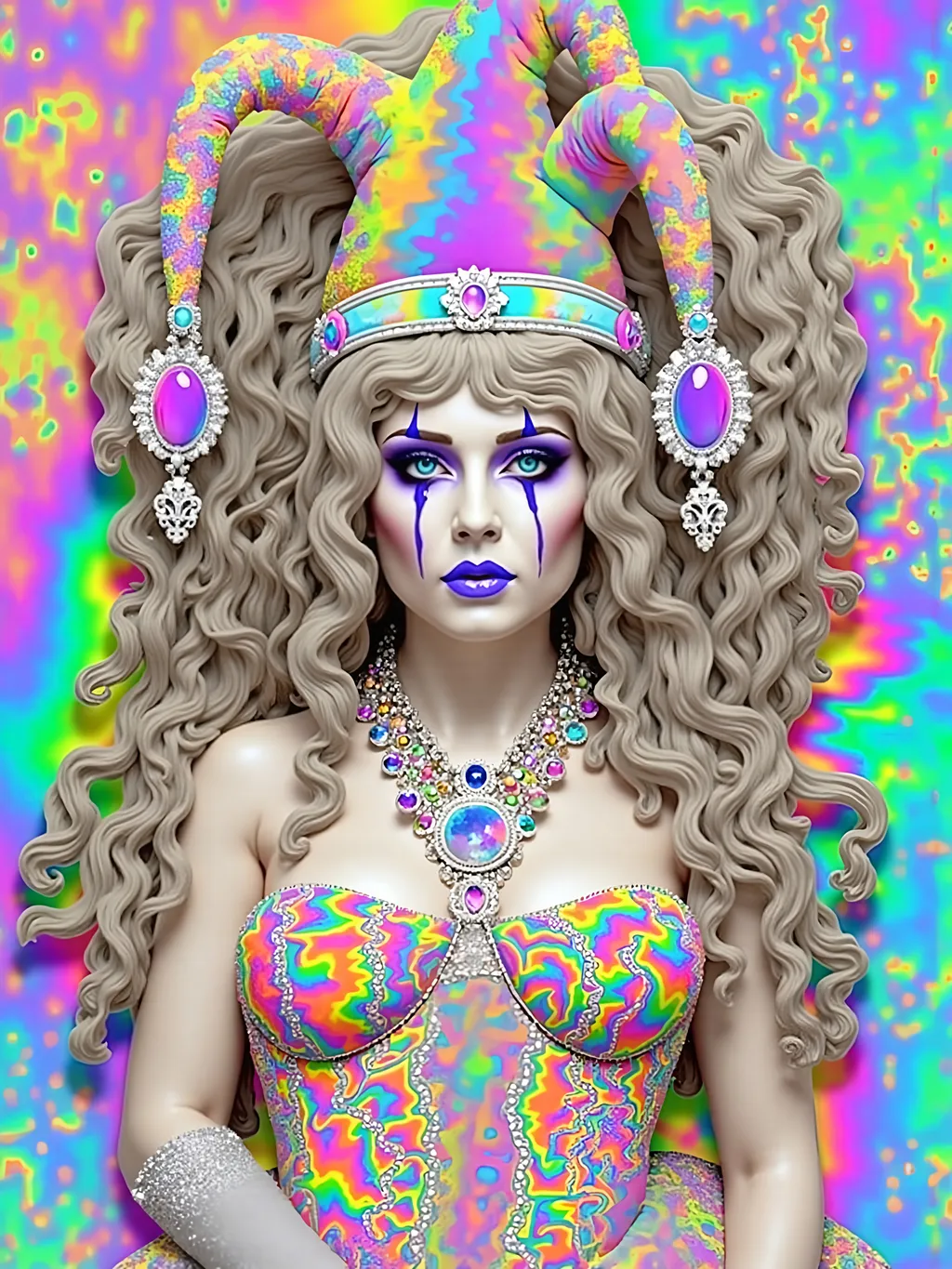 Prompt: A super hyperrealistic yet also illustrative and creative female cosmic jester, made entirely of swirling pure colored light, with long wild curly hair that appears blond but is a dazzling spectrum of hues. She is adorned in beautiful avant-garde "astral" jester's attire, complete with intricate harlequin clown makeup and a HUGELY OVERSTATED jester's hat that twists and bends into impossible, otherworldly shapes. Her hat sparkles with iridescent gems and glowing cosmic patterns, radiating a surreal, trippy energy. Her ensemble includes exquisite, shimmering accoutrements like glowing ribbons of stardust, cascading light veils, and crystalline bells that chime with the sound of distant galaxies. She sparkles, shines, and dazzles in a mesmerizing swirl of ever-changing colors, embodying the essence of cosmic whimsy and wonder. She stands on a floating, kaleidoscopic fractal platform that endlessly morphs and twists through the void of the astral realms. Behind her, a shimmering nebula of liquid rainbow light swirls and pulses, while shimmering comets streak across the scene. The cosmic jester juggles glowing orbs of quantum energy, each orb containing miniature universes that spin and glimmer with infinite possibilities. Her laughter echoes like a symphony of stars, and her every movement leaves trails of dazzling light that ripple like water across the fabric of space-time. The entire scene is awash with iridescent fractal spirals, the platform morphing with Mandelbrot set fractals, while liquid rainbow nebulae and glowing stardust create an atmosphere of pure astral magic.