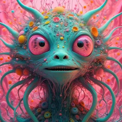 Prompt: <mymodel>an extremely hyper realistic super textural psychedelic entity/creature, trippy, weird, surreal, fractals, multidimensional geometric shapes, eyes, human teeth, lots of light, bright pastel colors, luminous, glowing, extremely textural, pinks, greens, oranges, yellows