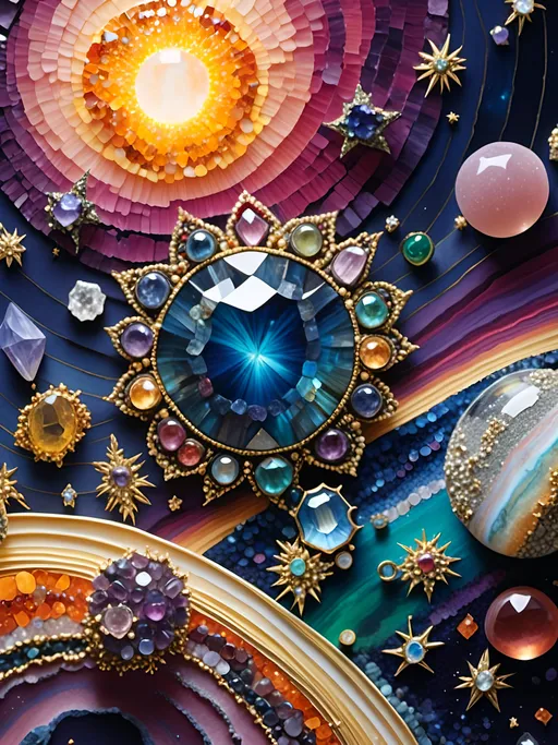 Prompt: <mymodel>Our solar system and outer space created out of gemstones and gemstone textures, high-res, ultra-detailed, 3D rendering, cosmic, vibrant colors, sparkling textures, luxurious, celestial bodies in precious stones, majestic planetary alignment, opulent asteroid belt, radiant gemstone stars, intricate details, luxurious art style, gemstone textures, space scene, cosmic lighting