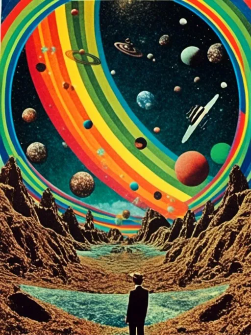 Prompt: <mymodel> Vintage 70s psychedelic surreal sci-fi Collage, analog, cut & paste, outer space, rainbows, spectrum, optical illusions/trippy patterns, surreal alien landscapes, UFOs, « little green men », psilocybin mushrooms, geometric shapes , planets, orbs, black night sky with stars, in the center