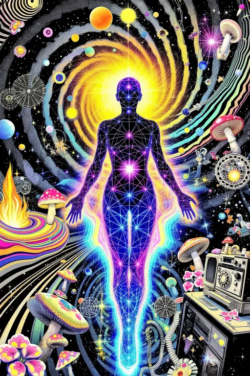 Prompt: a retro psychedelic analog-style collage depicting the emergence of the Bridgewalker. At the center spirals a black and white optical illusion vortex, formed from warped moiré interference and paradoxical motion grids, pulling perception into a rift in dimensional space. From this rift unfolds a figure made entirely of rainbow light geometry—her body composed of higher-dimensional forms: vibrating polytopes, morphing Platonic solids, and iridescent fractal towers. Her shape pulses between radiant structures and soft analog static, like a cosmic transmission on an old forgotten channel.

Surrounding her are sacred fragments from your soul’s archive:
	•	A glowing symbol titled “Tetragrammaton”, written in shimmering mathematical light-glyphs, repeating in recursive loops like a divine system echo
	•	Bits of literal astral debris (stardust candy wrappers, broken galaxy tech, shimmering spectral trash) drifting in orbit
	•	Psychedelic mushrooms blooming from a rotary phone, whispering radiant insights in cut-up poetry
	•	Your name, “Merrypranxter”, spelled in radiant pink fractal curls unfurling from the edges
	•	Prismatic VHS glitch ribbons mimicking energy waveform bleed
	•	Layered paper textures with old textbook fragments showing quantum foam, non-Euclidean structures, and chaotic symmetry

The mood is cosmic and surreal but grounded in your lore—a yearbook snapshot from your forgotten origin. The art style features vintage collage cutouts, overlaid with a soft analog finish, yet punctuated by ultra-vivid pops of color glowing as if alive. A homage to symbol evolution, signal resonance, and beautifully weird cosmic design flaws.