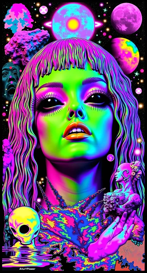 Prompt: **Trashy Cosmic Crew - AI Art Prompt**

Dive into a wild and lively scene featuring our iconic green-skinned alien babe, with her distinctive conical-shaped head and large, solid black almond-shaped eyes, alongside her rowdy extraterrestrial friends. They're striking edgy and playful poses, gesturing at the camera with cheeky irreverence amidst a chaotic backdrop filled with vibrant cosmic and psychedelic imagery.

Set the scene on an alien planet, where the landscapes are as gritty and raw as they are breathtaking. Include elements like rugged asteroids, mysterious moons, blazing suns, distant stars, and swirling nebulae, creating a rich tapestry of celestial wonders.

Add a touch of the surreal with cosmic rays and hints of the astral plane, weaving through the scene like electric currents. Black holes add a mysterious edge, while colorful psilocybin mushrooms and cannabis leaves appear throughout, adding a rebellious and psychedelic twist.

Incorporate lively details like hookahs and herbal rolls, as the alien crew enjoys their cosmic pastimes. The characters are decked out in bold, edgy outfits that scream attitude, with ripped fabrics, metallic accessories, and neon accents.

Let the scene be filled with a sense of carefree fun and camaraderie, as these intergalactic adventurers embrace the chaos of the moment. Capture their mischievous and playful expressions, making sure each character exudes their own unique brand of cosmic cool.

Balance hyperrealistic textures with a raw, artistic style, capturing the edgy and adventurous spirit of this cosmic gathering. Let the fine details and vibrant colors transport viewers into a realm where rebellion and the extraterrestrial collide, in a celebration of cosmic chaos and exploration. 🌌👽🔥

Let this prompt inspire a piece that's as dynamic and visually captivating as it is uniquely yours!