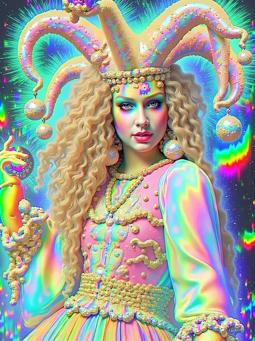 Prompt: A super hyperrealistic yet also illustrative and creative female cosmic jester, made entirely of swirling pure colored light, with long wild curly hair that appears blond but is a dazzling spectrum of hues. She is adorned in beautiful avant-garde "astral" jester's attire, complete with intricate harlequin clown makeup and a HUGELY OVERSTATED jester's hat that twists and bends into impossible, otherworldly shapes. Her hat sparkles with iridescent gems and glowing cosmic patterns, radiating a surreal, trippy energy. Her ensemble includes exquisite, shimmering accoutrements like glowing ribbons of stardust, cascading light veils, and crystalline bells that chime with the sound of distant galaxies. She sparkles, shines, and dazzles in a mesmerizing swirl of ever-changing colors, embodying the essence of cosmic whimsy and wonder. She stands on a floating, kaleidoscopic fractal platform that endlessly morphs and twists through the void of the astral realms. Behind her, a shimmering nebula of liquid rainbow light swirls and pulses, while shimmering comets streak across the scene. The cosmic jester juggles glowing orbs of quantum energy, each orb containing miniature universes that spin and glimmer with infinite possibilities. Her laughter echoes like a symphony of stars, and her every movement leaves trails of dazzling light that ripple like water across the fabric of space-time. The entire scene is awash with iridescent fractal spirals, the platform morphing with Mandelbrot set fractals, while liquid rainbow nebulae and glowing stardust create an atmosphere of pure astral magic.