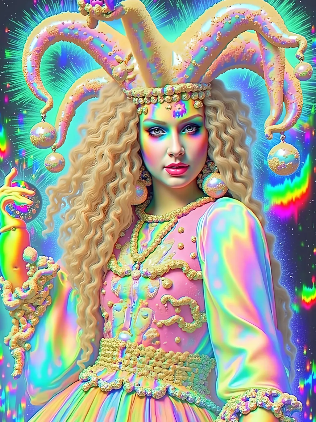 Prompt: A super hyperrealistic yet also illustrative and creative female cosmic jester, made entirely of swirling pure colored light, with long wild curly hair that appears blond but is a dazzling spectrum of hues. She is adorned in beautiful avant-garde "astral" jester's attire, complete with intricate harlequin clown makeup and a HUGELY OVERSTATED jester's hat that twists and bends into impossible, otherworldly shapes. Her hat sparkles with iridescent gems and glowing cosmic patterns, radiating a surreal, trippy energy. Her ensemble includes exquisite, shimmering accoutrements like glowing ribbons of stardust, cascading light veils, and crystalline bells that chime with the sound of distant galaxies. She sparkles, shines, and dazzles in a mesmerizing swirl of ever-changing colors, embodying the essence of cosmic whimsy and wonder. She stands on a floating, kaleidoscopic fractal platform that endlessly morphs and twists through the void of the astral realms. Behind her, a shimmering nebula of liquid rainbow light swirls and pulses, while shimmering comets streak across the scene. The cosmic jester juggles glowing orbs of quantum energy, each orb containing miniature universes that spin and glimmer with infinite possibilities. Her laughter echoes like a symphony of stars, and her every movement leaves trails of dazzling light that ripple like water across the fabric of space-time. The entire scene is awash with iridescent fractal spirals, the platform morphing with Mandelbrot set fractals, while liquid rainbow nebulae and glowing stardust create an atmosphere of pure astral magic.