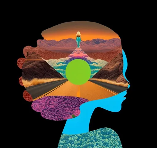 Prompt: A psychedelic collage featuring a photograph of a woman with blond curly long hair. The photo is cut and spliced with other photos - of cats, roads, landscapes, trippy optical illusion patterns, pickles, hamburgers, realistic  desert, alien  landscapes, geometric shapes in a psychedelic cut and paste collage <mymodel>