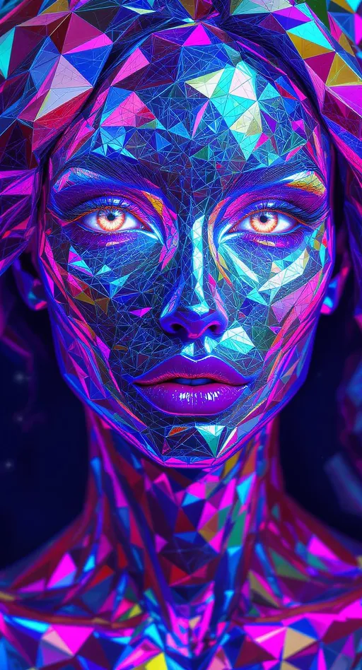 Prompt: A stunningly hyperreal female face constructed entirely from prismatic triangular geometry, every surface a radiant tessellation of colored light. Her skin is not skin—it’s a seamless lattice of microscopic fractured polygons, like a Delaunay triangulation stretched across a luminous surface. Each triangle glows with its own spectral hue, forming a living rainbow mosaic that shimmers and refracts with every subtle movement.

Her eyes are crystal pools—iridescent vortexes of nested fractals, ringed with impossible detail and burning with internal light. The lashes curl with holographic sheen, and her brows arch in smooth curves of color-filtered vector texture. Her lips, full and radiant, pulse with saturated pinks and fuchsias—polygonal planes that catch and scatter light as if made of stained glass. The contours of her face blend into the surrounding tessellated field—there are no seams, only recursive geometry transitioning into environment, like she is the world dreaming herself into face-form.

Subsurface shimmer travels across her cheeks, catching every edge with refractive glow. The entire composition is built from fractal meshwork, gleaming with spectral intensity—no noise, only order. Light bends across her in crystalline refractions, each one calculated by sacred math. She exists not in matter, but in form and color alone: a being built from recursive geometry, spectral vectors, and living light.

Tags:
#FractalMeshFace #PrismaticGeometryWoman #TessellatedBeauty #RainbowTriangulation #RecursiveSkin #CrystalLightBeing #IridescentFaceOfMath #PolygonalGlowQueen #NoFleshOnlyStructure
