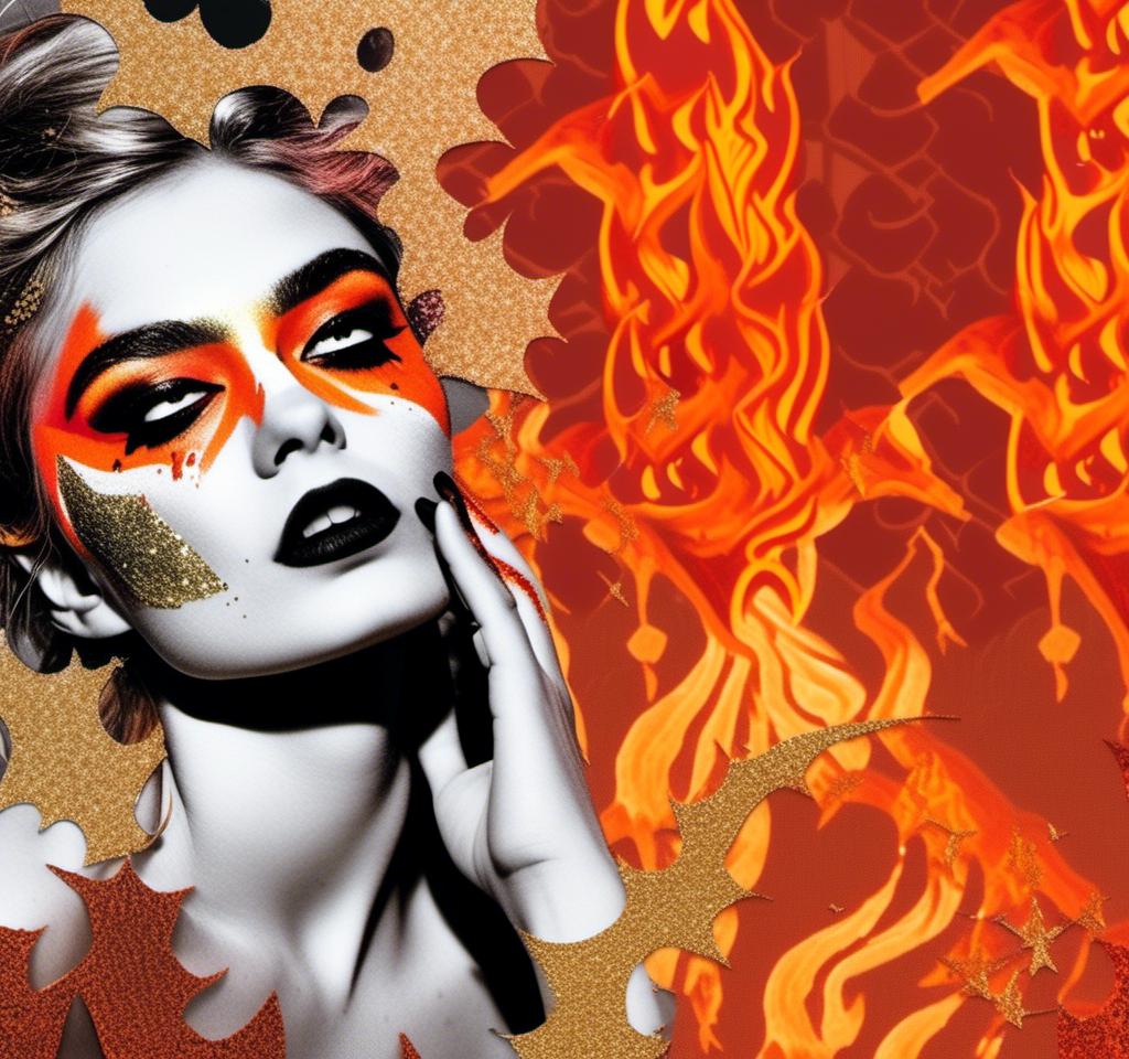 Prompt: <mymodel>a multimedia collage in which a photograph of a woman is painted, gilded and enameled and glittered to look like a Devil woman in a multimedia-infused fiery punk hell, dancing in the flames, high quality, mixed media, punk, devil woman, multimedia, fiery hell, orange hues, dancing, detailed makeup, intense expression, multimedia elements, highres, punk style, fiery atmosphere, professional lighting