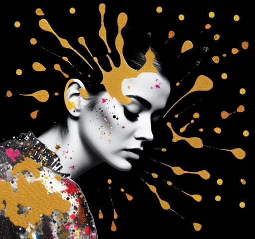 Prompt: <mymodel>Multimedia collage of a woman, black and white photo, dripping real multimedia paint, glitter paint, colored paint, gold, silver, copper, glitter droplets, splashes of color, shine, mixed media, high texture, abstract, art nouveau, dynamic lighting, mixed colors, highres, vibrant, artistic, detailed paint splatters