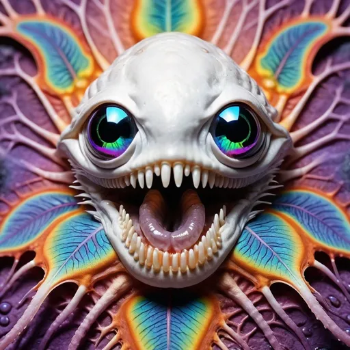 Prompt: Extremely hyperrealistic, ultra hypertextural psychedelic weird surreal hallucination entity creature, geometric interdimensional tesseract, translucent white, bright pastel colors, swirling rainbow oil slick sheen effect, lots of light,  fungus, mushroom, lots of trippy crazy psychedelic human eyes, human teeth, brains, skin, metal, silver, chrome, leather, feathers, scales, fur,  Chromatophore, pigment cell, melanophore, iridophore, leucophore, xanthophore, erythrophore, cyanophore, pigment granules, melanin, carotenoids, pteridines, guanine crystals, reflective platelets, dermal chromatophore unit, pigment dispersion, pigment aggregation, color change, adaptive coloration, cryptic coloration, aposematic coloration, structural coloration, biochromes, photophores, neuromuscular control, hormonal control, neural activation, physiological color change, morphological color change, chromatophore expansion, chromatophore contraction, cellular signaling, light reflection, light absorption, light scattering, iridescence, bioluminescence, pigment synthesis, pigment degradation, chromatophore patterning, environmental adaptation, camouflage, signaling, communication, behavioral adaptation., extreme organic textures, metallic textures