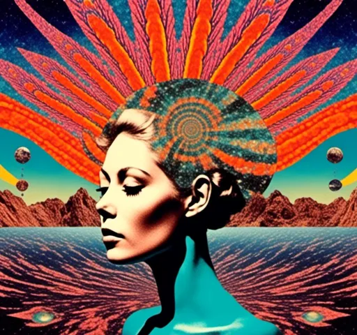 Prompt: <mymodel>Psychedelic trippy collage with a surreal vintage 70s sci-fi feel, vibrant colors, retro futuristic elements, surreal landscapes, detailed psychedelic patterns, high quality, vintage sci-fi, mixed with photograph of a woman with blond curly hair, geometric shape and optical illusions, vibrant colors, surreal, detailed patterns, trippy, collage, 70s, retro futuristic, eyes, surreal landscapes, detailed, atmospheric lighting