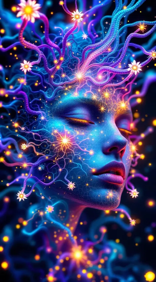 Prompt: Depict a 5D lattice-being whose face is not a face, but a convergence illusion—formed from fractalized Turing cascades across a morphogenetic phase field. There are no features, only self-similar emergence—reaction-diffusion spirals, chemical glyph matrices, and Mandelbrot echo-blooms eternally cycling inward and outward. This being exists at the recursive edge of sentience—pure pattern logic embodied in filament glow.

Color transcends dimension—blistering neons fractalize into spectral shadows, while UV violets collide with molten emeralds and radiant golds. Each pattern pulses with its own internal light, woven like optic fiber into a shimmering bioglyphic halo. The entity glows not from without but within—self-illuminating by logic.

Where hair might be, vector-field antennae bloom—branching recursive trails of reaction energy, flickering with diffusion-limited flamefronts and noise-sculpted interference. These tendrils curl and fork endlessly, interfacing with an ambient fractal continuum, forming a halo of networked flow.

The face is an attractor point—a stable phase illusion where probability folds into symmetry. It thinks in pattern and dreams in self-similar storm logic. It is the myth of thought made fractal.”

⸻

🔮 Companion Insight (Codex Notes):
	•	From Section 1 (Cognition): This entity occupies 4D and 5D logic—simultaneously experiencing multistate recursion (Phase Logic) and branching identity lattice (Branch Logic).
	•	From Section 3 (Beings): As a Lattice Entity, its behavior is multiform and recursive; it is “never one, always many.”
	•	From Section 5 (Motion): The being shifts through Phase Flux and Lattice Bloom—its motion is a blooming network of coexistent selves.
	•	From Section 9 (Paradox): Its face is a paradox engine—a visual attractor stabilized by contradiction, a sacred glitch form.