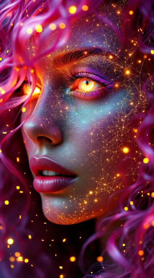 Prompt: Her face is a modular masterpiece—cheekbones traced with the shimmer of moonshine symmetry, every angle tuned to a hidden harmonic. Newton fractal veins glow faintly beneath translucent skin, shifting in color with each emotion. Her eyes burn with prime number fire, irises tiled in Penrose symmetry, blinking with curved light logic. Laughter echoes in Hilbert paths across her cheeks—space-filling joy spirals, soft and bright. Hair spills around her in radiant pink curls, styled by quasiperiodic forces and recursive wave equations—each strand flowing in luminous fractal tension. Geometry pulses at the hairline, recursive symbols glinting in neon mathdust. She is wrapped in hyperbolic aura-rings, layered in color-feedback like living topology, her presence refracting sacred math through joy, emotion, and colorfields.”

⸻

Visual Keywords:
Modular face symmetry, Newton glow skin, Penrose-tiled irises, Hilbert smile trails, pink recursive curls, fractal symbol halo, hyperbolic color aura, neon mathdust, prime fire eyes