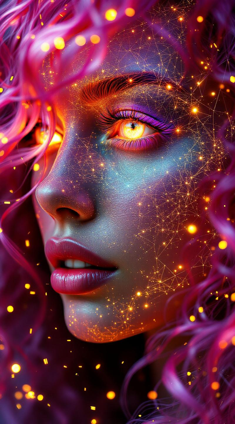Prompt: Her face is a modular masterpiece—cheekbones traced with the shimmer of moonshine symmetry, every angle tuned to a hidden harmonic. Newton fractal veins glow faintly beneath translucent skin, shifting in color with each emotion. Her eyes burn with prime number fire, irises tiled in Penrose symmetry, blinking with curved light logic. Laughter echoes in Hilbert paths across her cheeks—space-filling joy spirals, soft and bright. Hair spills around her in radiant pink curls, styled by quasiperiodic forces and recursive wave equations—each strand flowing in luminous fractal tension. Geometry pulses at the hairline, recursive symbols glinting in neon mathdust. She is wrapped in hyperbolic aura-rings, layered in color-feedback like living topology, her presence refracting sacred math through joy, emotion, and colorfields.”

⸻

Visual Keywords:
Modular face symmetry, Newton glow skin, Penrose-tiled irises, Hilbert smile trails, pink recursive curls, fractal symbol halo, hyperbolic color aura, neon mathdust, prime fire eyes