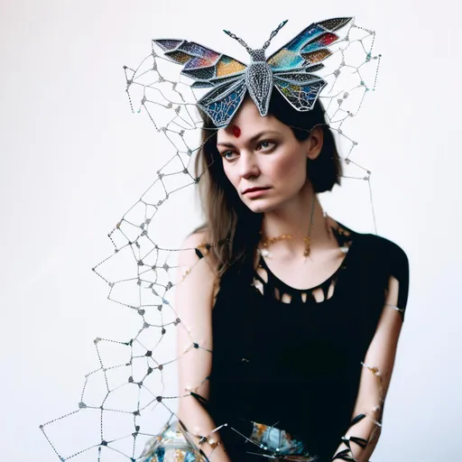 Prompt: a photograph of a woman (color or black and white) with multimedia elements added to create the appearance that she is a beautiful intricate moth, with moth wings and antennae created from paint, paper, photos, glitter, iridescent enamels, nail polish, rhinestones, thread and string, fabric, folded paper etc<mymodel>