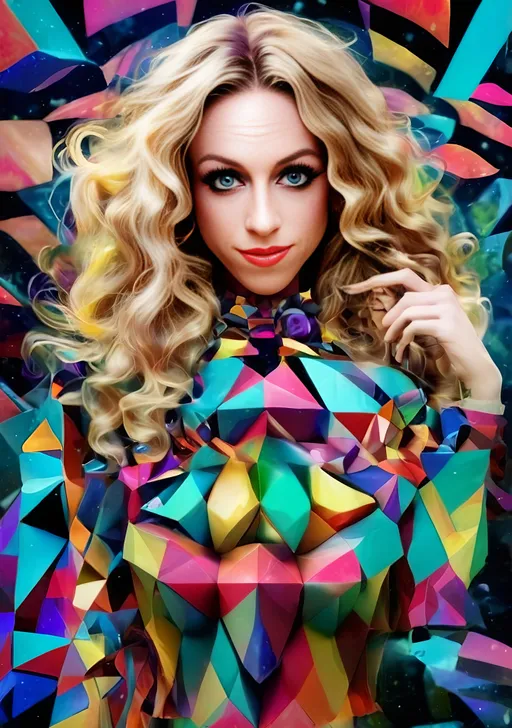 Prompt: a psychedelic hallucination of a female with long blond curly hair modeling avant Garde fashions accessories and makeup created directly out of multidimensional geometry fractals, hypercubes, non Euclidean geometry, psychedelic fashion halucinations 