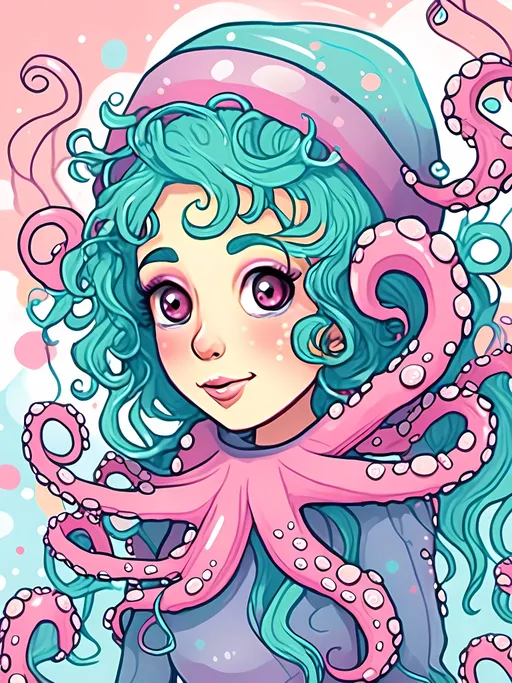 Prompt: <mymodel>Misc-Kawaii illustration of a charming woman-octopus hybrid, adorable and whimsical, pastel color palette, dreamy underwater setting, flowing tentacles with cute ribbons, sparkling eyes with a hint of mischief, high-quality, detailed tentacles, kawaii, whimsical, pastel colors, underwater, charming, dreamy, adorable, ribbons, sparkling eyes, highres, detailed