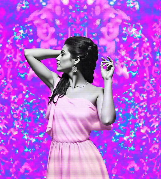 Prompt: In a cosmic dreamscape, a woman emerges as the central figure amidst a kaleidoscopic symphony of psychedelic elements. Her form is gracefully intertwined with swirling holographic Mandelbrot fractals, casting vibrant, colorful light that dances across the scene. Black and white optical illusion patterns ripple through the background, creating a dynamic sense of depth and movement, while vibrant, pulsating designs add to the visual complexity. The surreal landscape around her is alive with morphing objects and breathing walls, interspersed with cosmic vistas and nebulae that evoke a sense of otherworldly wonder. Radiolarian forms, with their intricate spiny structures and lattice-like designs, add microscopic detail, while succulent shapes and colors introduce organic contrast against the geometric patterns. Glitch effects, such as pixelation and chromatic aberration, enhance the surreal quality, making reality appear fluid and mutable. The entire composition is softened by a retro analog finish, reminiscent of classic print media, with grainy textures and color bleeding that evoke nostalgia. This collage transports viewers into a realm where reality bends and imagination reigns, with the woman symbolizing the profound connection between the self and the universe, grounding yet ethereal amidst the swirling chaos of colors and forms.