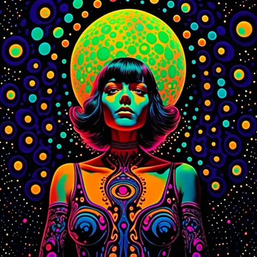 Prompt: <mymodel>Vintage 70s black light poster art illustration, girl hallucinating in space, psychedelic mushrooms, planets, moons, stars, fractals, vibrant colors, intense black light effects, detailed psychedelic girl, cosmic atmosphere, high quality, psychedelic, vintage, space, vibrant colors, fractal details, hallucination, girl illustration, retro art style, cosmic lighting