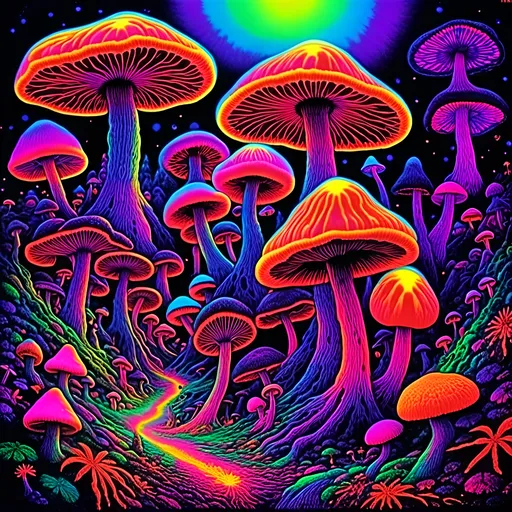 Prompt: <mymodel>Psychedelic psilocybin's cubensis mushrooms, 70s black light poster, vibrant colors, hallucinatory fractals, trippy atmosphere, intense psychedelic experience, glowing mushrooms, surreal, vibrant, high quality, detailed illustration, black light style, psychedelic, hallucinations, colorful, fractals, vibrant colors, intense lighting