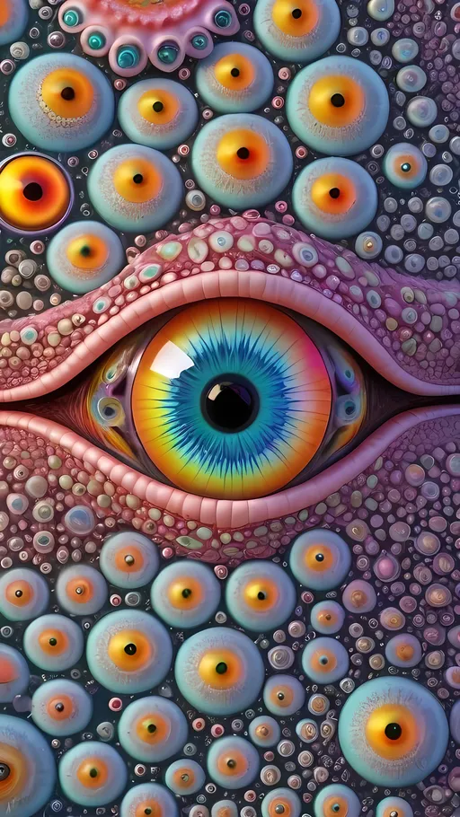 Prompt: an extremely hyper realistic ultra super textural weird trippy surreal psychedelic entity, Peano Curve, apollonian gaskets, catenoids, white, translucent, clear, bright bright feminine pastel colors, oil slick rainbow sheen effect, lots and lots of light, lots of crazy colorful compound psychedelic human eyes, rows of human teeth, fungus, radiolarians,  atoms, diatoms, enneper sufaces, apollonian gaskets, Peano Curve