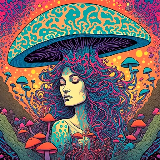 Prompt: <mymodel>Psychedelic illustration of the Mushroom goddess, mother mushroom, fungus deity, vibrant colors, trippy patterns, surreal landscape, high quality, digital art, vibrant, surreal, detailed fungi, ethereal lighting