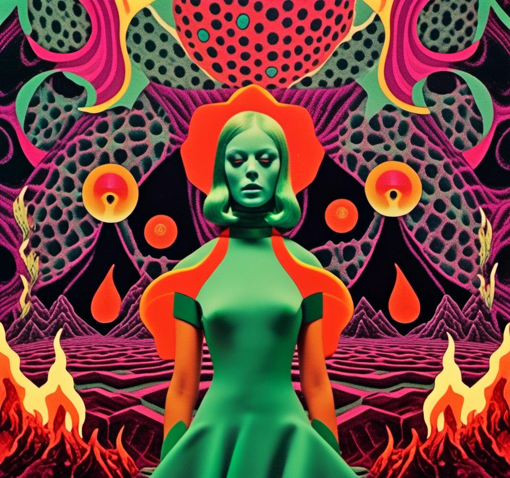 Prompt: a vintage surreal 70s psychedelic collage with the theme of hell, the fires of hell, the devil, and a succubus clothed in smoke fire and latex dancing. Utilize photography and art, trippy psychedelic patterns/optical illusions, orbs, flames, surreal hellish landscapes and geometry with a vintage 70s art house science fiction feel to this cut and paste surreal trippy collage <mymodel> 