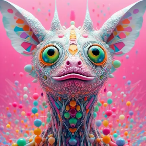 Prompt: <mymodel> Extremely hyperrealistic psychedelic geometric animal creature, trippy, surreal, odd, weird, unsettling, multidimensional geometry, nonhumanoid  geometric shape, translucent, silver, white, bright pastel colors, fractals, ultra textural, creature, monster, entity, face/body/mouth, eyes, pink, orange, yellow, green, oil slick rainbow sheen effect