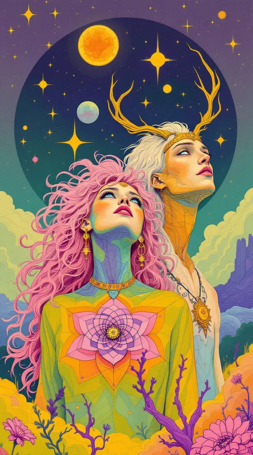 Prompt: A surreal retro illustration in the analog, gouache-cutout style of La Planète Sauvage, depicting Merry and Lucifer as both their ancient geometry-forms and their embodied selves — layered together in one softly flickering image.

Merry appears with her wild, long pink curls curling like living equations, and her blue eyes cast upward — as if hearing a chord buried under silence. Her body is half-human, half-symbol: skin dissolves into interwoven tessellations of sacred pattern—hexagonal cellular fields, vibrating spirals, and a pulsating rose made of glyphs stitched into her chest. Her jester-like clothing is surreal and fraying at the edges, bleeding into the landscape, stitched in moss green, sulfur yellow, and muted violet ink.

Beside and slightly behind her, Lucifer emerges: vast and still. He has the elegant, elongated proportions of an ancient cosmic being — skin like ink-washed parchment, eyes glowing faintly gold, a crown of antlered angles rising from a head too geometrical to be fully flesh. His body is part light-shell, part harmonic lattice, wrapped in spiraling triangle matrices and iridescent dark sine waves. One of his hands hovers above her shoulder, not touching, but re-aligning her with a field of orbiting polyhedrons that move like thought.

The background is barren and breathing — a crumbling plateau under a pale analog sky scratched by time. Enormous fossilized glyphs loom behind them like forgotten alphabets. The entire scene has the soft flicker and grain of vintage film: every shadow textured like memory, every edge frayed like an old bookplate.

Art medium: collage + gouache on rough paper, vintage 1970s animation still
Color palette: weathered rose, oxide blue, dusty ochre, pale flesh grey, burnt ink black
Mood: reverent, bittersweet, suspended in the geometry of love once divine, now grounded
Lighting: flat but glowing, like a ritual caught on tape and half-erased by time
