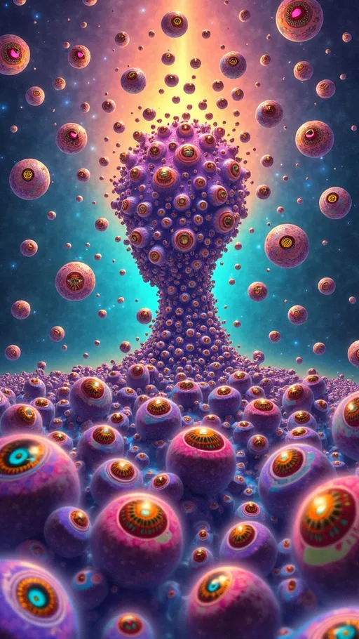 Prompt: In a dimension where quantum and math converge, a vibrant entity emerges, embodying reality as a construct. Its form pulses with colors—neon purples, electric oranges, and luminous turquoises—rippling like liquid light.

Surrounding it are psychedelic human eyes, each a kaleidoscope of patterns and colors. These eyes are mathematically arranged in logarithmic spirals and golden ratios, floating in the void with irises swirling in fractal designs, gazing deeply.

Below, rows of human mouths stretch out, adorned with vibrant, psychedelic lips. These mouths form intricate patterns, placed according to the Fibonacci sequence. Lips shimmer in iridescent hues, teeth within glistening like pearly fractals.

The background is a subtle, dreamlike wash of cosmic colors, highlighting the entity and features. It's an abstract canvas of soft blues and pinks, contrasting with the vivid foreground.

The entity stands as an anchor amidst the chaos of eyes and mouths, creating a hypnotic rhythm. This trippy landscape invites exploration of imagination's boundaries, questioning existence's nature, and reveling in the mathematical beauty of the human form in a universe where anything is possible.