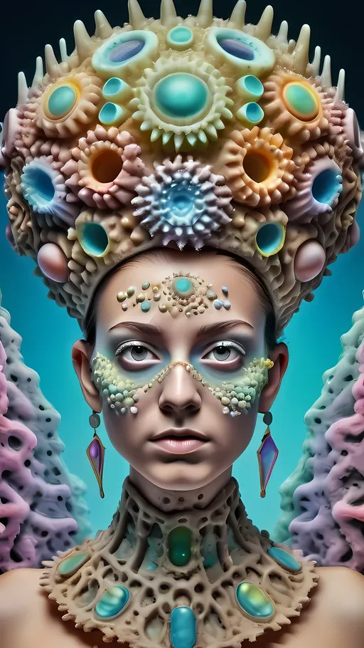 Prompt: Extremely hyperrealistic ultra textural trippy surreal beautiful but odd unsettling psychedelic creature- a psychedelic diatomaceous creature entity queen crown jewelry cape with lots of crazy psychedelic human compound eyes, rows upon rows of human teeth.  head, face, body, limbs, fungus, Mandelbrot, oil slick rainbow sheen effect, holographic, hologram, translucent, vivid colors white, tons and tons of light, bright pastel colors, Gyroid Structures. Diatoms: bacillariophyta, siliceous, valves, girdle bands, raphe, striae, puncta, areolae, costae, rimoportula, fultoportula, chloroplasts, auxospore, epitheca, hypotheca, mucilage, frustule symmetry, valve morphology, pennate diatoms, centric diatoms, motile, non-motile, biofilm, epiphytic, epilithic, epipsammic, biogenic silica, diatomaceous earth, primary producers, carbon fixation, biogeochemical cycles, diatom blooms, paleoecology, nanostructures, microalgae, environmental indicators, aquatic ecosystems. geometric, symmetrical, radial, bilateral, elongated, circular, triangular, oval, star-shaped, pennate, centric, intricate, lattice-like, perforated, silica, frustules, ornate, microscopic, diverse, varied, delicate, transparent, golden-brown, pillbox-shaped, chain-forming, solitary, colonial, planktonic, benthic,