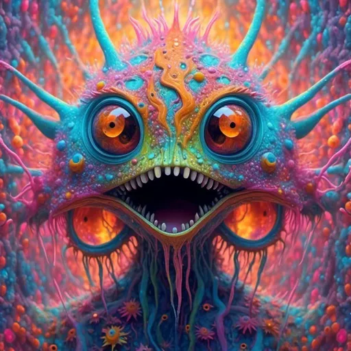 Prompt: <mymodel>an extremely hyper realistic super textural psychedelic entity/creature, trippy, weird, surreal, fractals, multidimensional geometric shapes, eyes, human teeth, lots of light, bright pastel colors, luminous, glowing, extremely textural