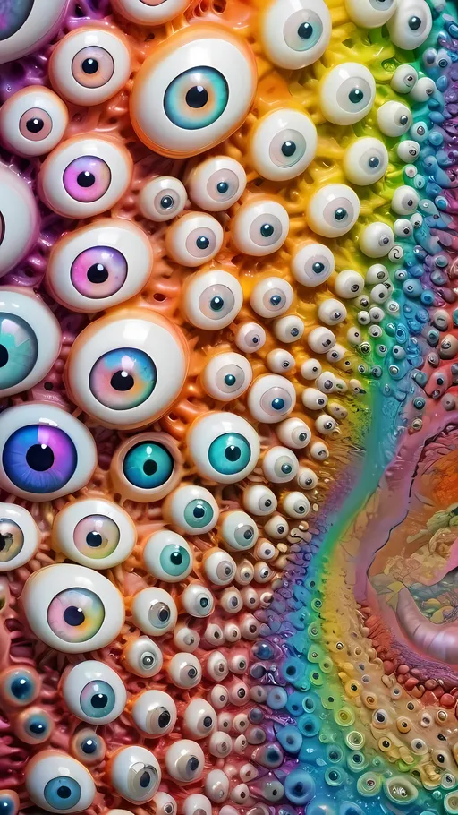 Prompt: an extremely hyper realistic ultra super textural weird trippy surreal psychedelic entity, white, translucent, clear, bright bright pastel colors, oil slick rainbow sheen effect, lots and lots of light, lots of crazy colorful compound psychedelic human eyes, rows of human teeth, fungus, atoms, diatoms, 