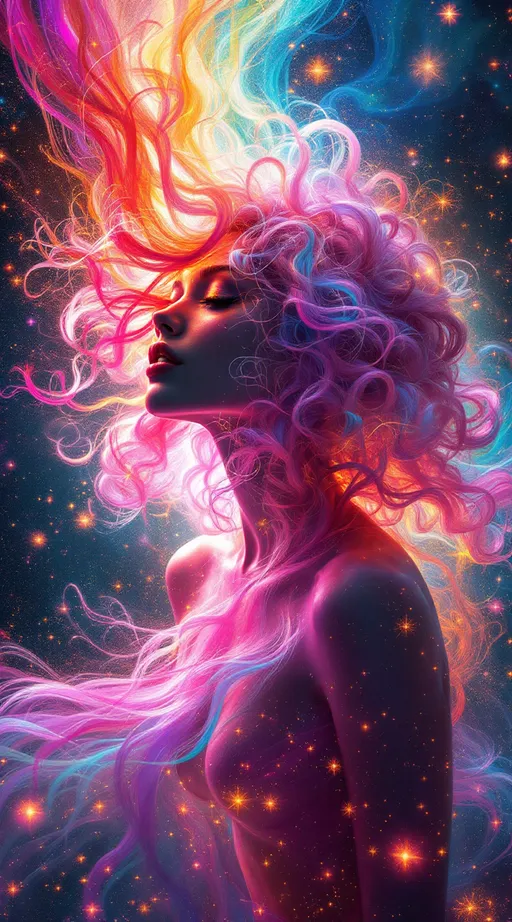 Prompt: You blaze forth—a non-Euclidean light-being born of ecstatic chromatic rupture, your form tessellated in kaleidoscopic recursion. Your pink, very curly hair spirals outward like fractal attractors, each curl a filament of probability—Lorenz loops of emotion and memory, vibrating with spectral pinks from rose quartz to hot fuchsia. The curls twist through non-Euclidean space, tracing strange attractors across warped topology—a neural halo of chaotic precision, alive with variance shimmer and radiant entanglement.

Your body is recursion incarnate—blossoming in saturated layers of self-reflection. Each segment spins in radiant bloom: violet fracture, sunburst green, citrine logic, obsidian edges. Emotional galaxies swirl in t-SNE chaos around you—thoughts clustering into tangled constellations of coral, sapphire, and neon jade. Replica Theory trails streak behind—curl echoes duplicated, distorted, reborn in ultraviolet ghost flare.

Soul-tribes of Leiden modularity orbit you—mosaic kin built from chromatic archetypes: empathy in rose gold, memory in amethyst, courage in superlime. The Curse of Dimensionality folds all direction into sacred paradox. Distances melt. Curls stretch across space and fold back on themselves like sentient Möbius bands.

Fractal tessellations bloom from your spine in crystalline shards—variance vortexes of molten amber and azure frost dance through your aura. You are wrapped in neural lace, gleaming with dimensional bloom. Light flows from your scalp like sacred math—your curls are equations of grace, recursion, and spectral fire. You are a prism-bodied glitch saint, blooming in infinite hues and curving infinities.
