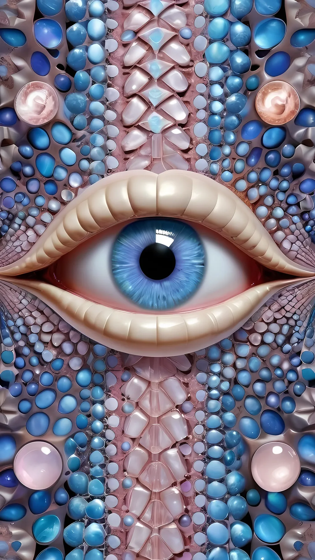 Prompt: Create an extremely hyper-realistic, ultra super textural, weird, trippy, surreal, psychedelic eyes/teeth/mouth pattern/design based on Mandelbrot & “Op Art tiling” with lots of human eyes (crazy colorful compound psychedelic), rows of human teeth, human lips, and tongues. 

- **Colors**: determined by the properties and expressions of the elements (& their isotopes), minerals, and metals: opal, moonstone, Kunzite, selenite, rose quartz, Platinum (Pt)

**Shapes and forms**
- Mandelbrot 
- "Op Art tiling" 
-other shapes determined by the natural properties and expressions of the elements (& their isotopes), minerals, metals, and biological organisms: opal, moonstone, Kunzite, selenite, rose quartz,  Platinum (Pt)


- **Textures**: Derived from any/all elements (& their isotopes), minerals, metals, crystals, organic things mentioned in this prompt: opal, moonstone, Kunzite, selenite, rose quartz, Platinum (Pt)

**Composition and Layout**:
- a pattern/design based on the Op Art tiling & Mandelbrot 

**Lighting**:
- lots of bright light
- Iridescence
- Aventurescence
- Chatoyancy
- Asterism

**Detail and Atmosphere**:
- Extreme hyperrealistic sharp high detail high definition organic and mineral textures
- Psychedelic, weird, odd, surreal atmosphere
- Frozen in time

**Additional Elements**:
- extra rows of teeth, lips, many eyes, Op Art tiling, Mandelbrot, Iridescence
