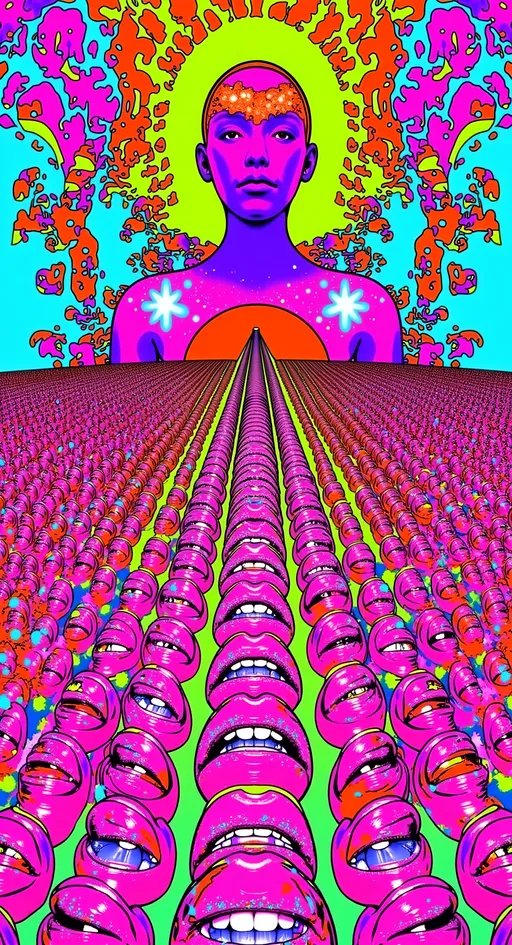 Prompt: In a dimension where quantum and math converge, a vibrant entity emerges, embodying reality as a construct. Its form pulses with colors—neon purples, electric oranges, and luminous turquoises—rippling like liquid light.

Surrounding it are psychedelic human eyes, each a kaleidoscope of patterns and colors. These eyes are mathematically arranged in logarithmic spirals and golden ratios, floating in the void with irises swirling in fractal designs, gazing deeply.

Below, rows of human mouths stretch out, adorned with vibrant, psychedelic lips. These mouths form intricate patterns, placed according to the Fibonacci sequence. Lips shimmer in iridescent hues, teeth within glistening like pearly fractals.

The background is a subtle, dreamlike wash of cosmic colors, highlighting the entity and features. It's an abstract canvas of soft blues and pinks, contrasting with the vivid foreground.

The entity stands as an anchor amidst the chaos of eyes and mouths, creating a hypnotic rhythm. This trippy landscape invites exploration of imagination's boundaries, questioning existence's nature, and reveling in the mathematical beauty of the human form in a universe where anything is possible.